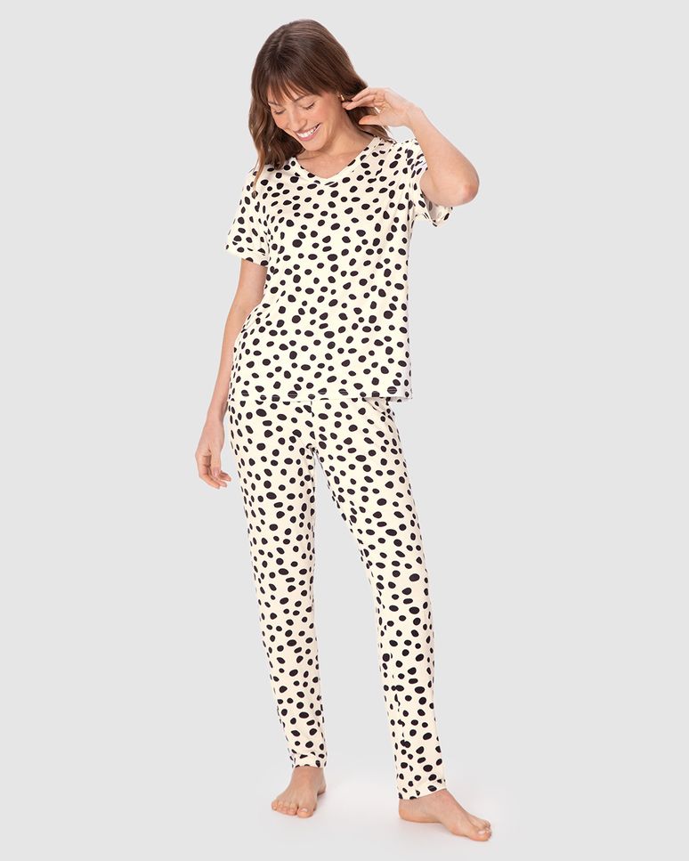 Pijama Longo Feminino Estampa Póa Blusa E Calça Em Viscose Stretch