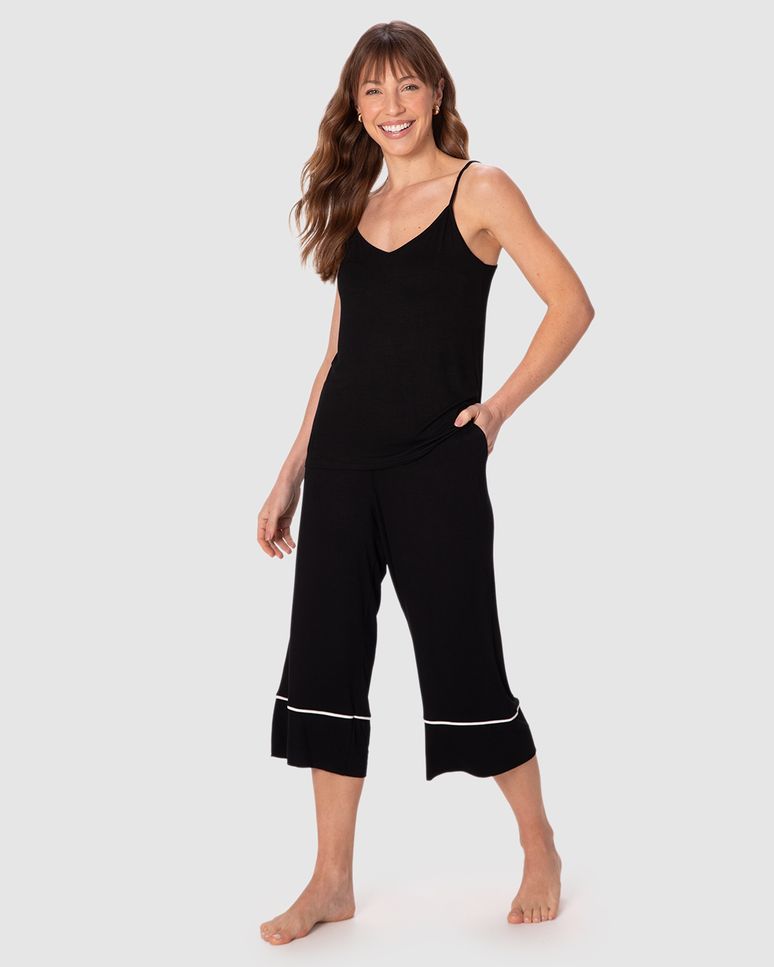 Pijama Longo Feminino Regata Alça Fina E Calça Capri Em Viscose Stretch