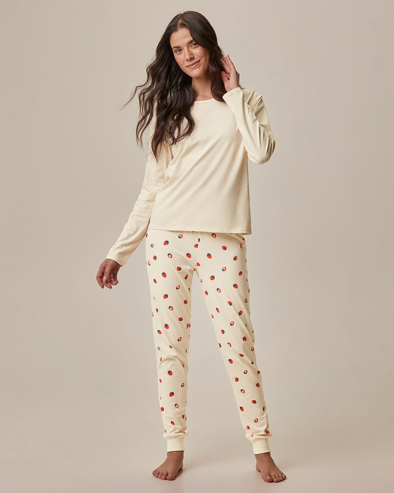 Pijama Longo Feminino Calça Jogger Estampada Em Malha 100% Algodão