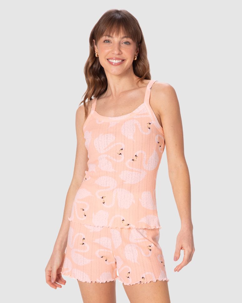 Pijama Curto Feminino Estampado Em Malha Jacquard Texturizada