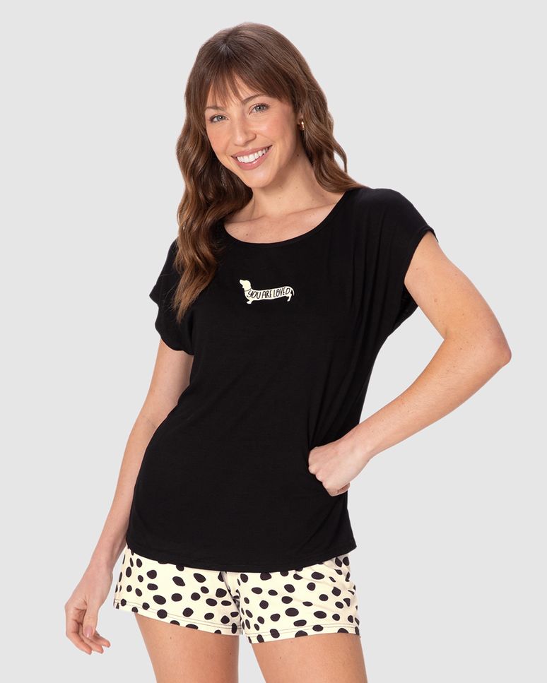 Pijama Curto Feminino Blusa E Shorts Estampado Em Viscose Stretch