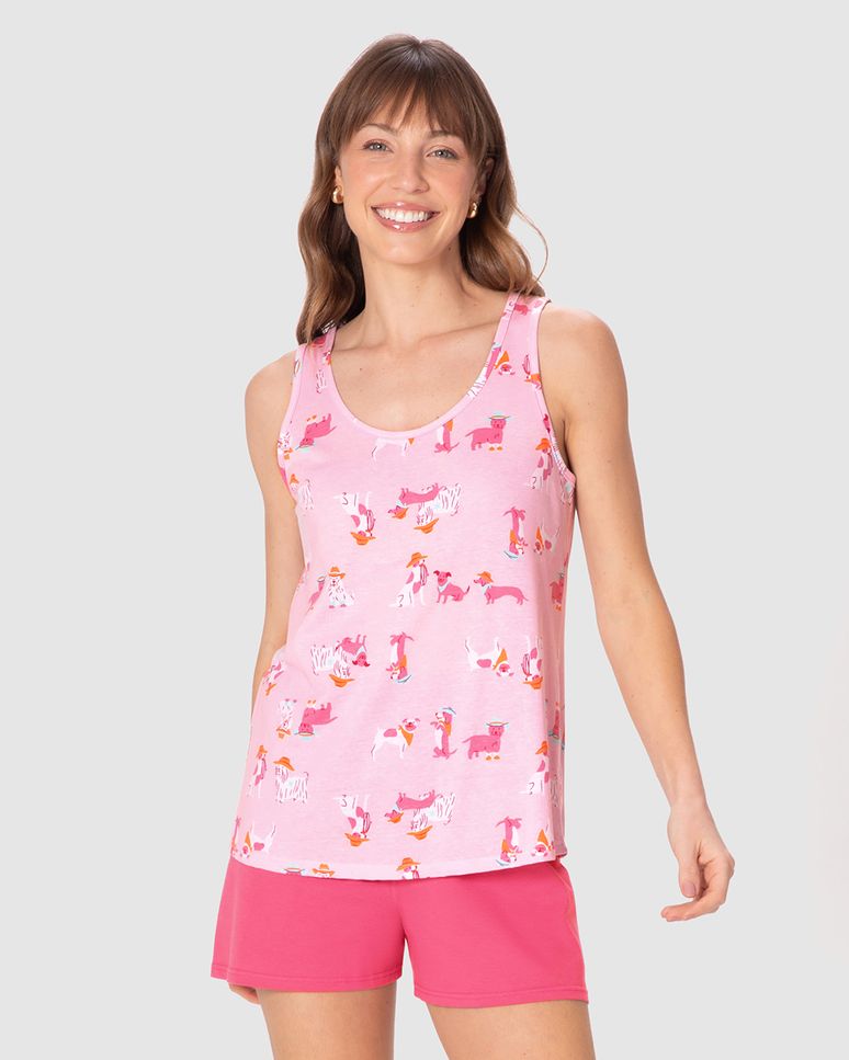 Pijama Curto Feminino Regata Estampada E Shorts Em Malha 100% Algodão