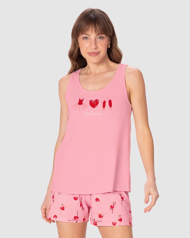 Pijama Curto Feminino Regata E Shorts Estampado Em Malha 100% Algodão