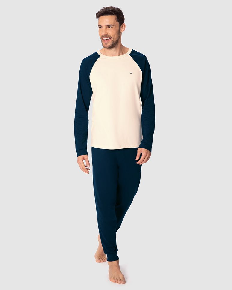 Pijama Longo Masculino Camiseta Manga Raglan Bicolor Em Malha 100% Algodão