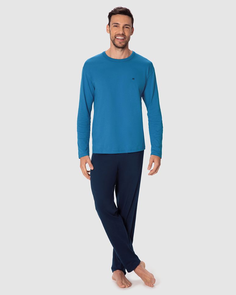 Pijama Longo Masculino Camiseta Manga Longa E Calça Em Algodão