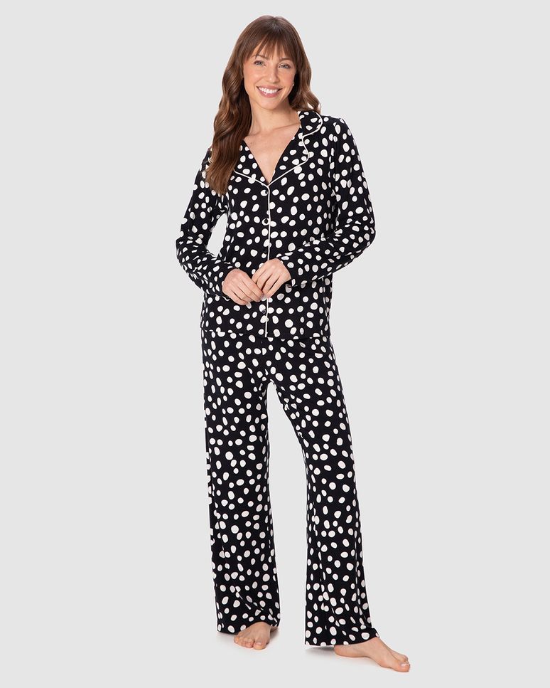 Pijama Longo Feminino Americano Estampa Poá em Viscose Stretch