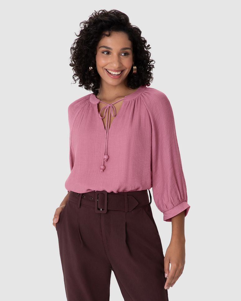 Blusa Bata Feminina Amarração No Decote Em Crepe Leve