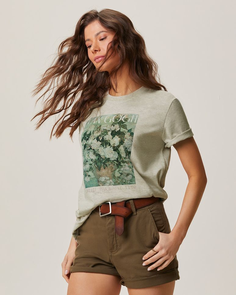 Camiseta Feminina Alongada Especial Van Gogh Vase With Roses Em Algodão