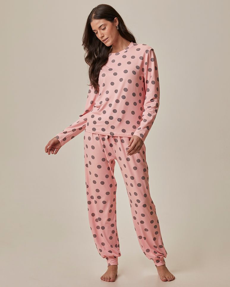 Pijama Longo Feminino Estampa Poá Em Tecido Peach Skin