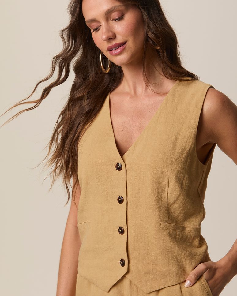 Colete Feminino Tradicional Botões Frontais Em Viscolinho