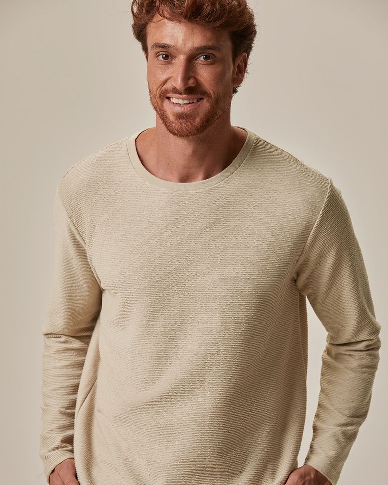 Camiseta Masculina Regular Manga Longa Etiqueta Decorativa Em Malha Texturizada