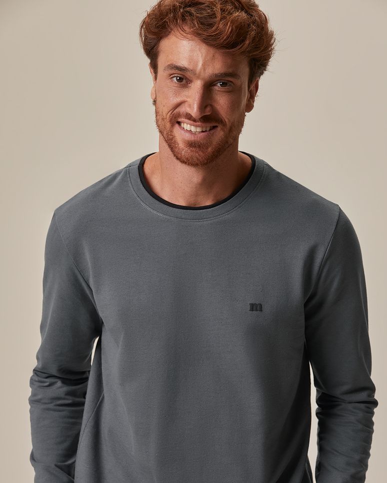 Camiseta Masculina Manga Longa Estampa Discreta Peitoral Em Moletinho Rajado