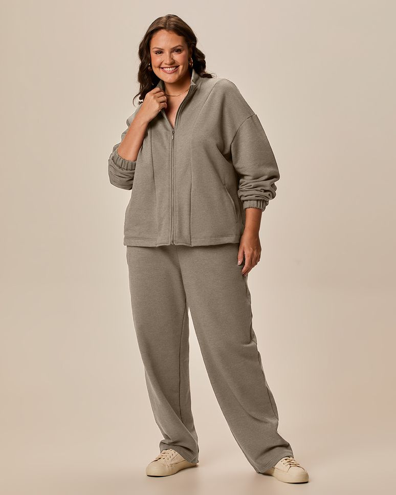 Calça Reta Feminina Plus Size Em Moletom Mesclado Flanelado