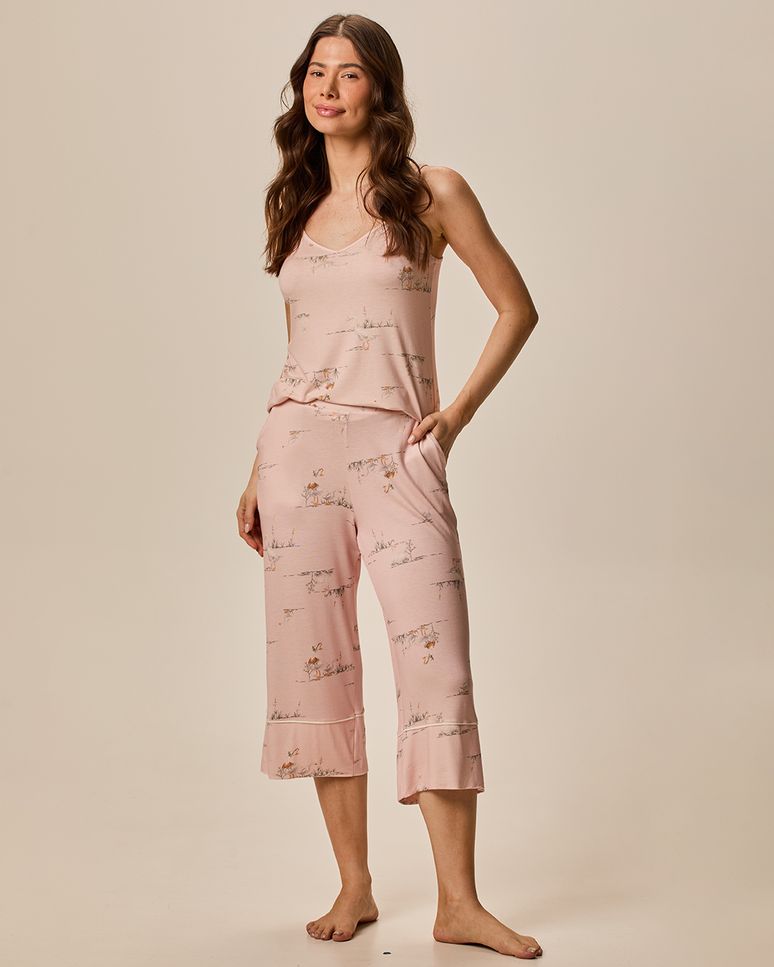 Pijama Longo Feminino Regata Alça Fina E Calça Capri Em Viscose Stretch