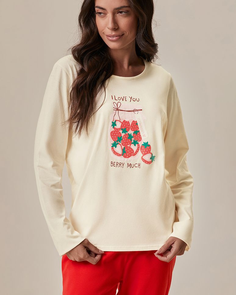 Pijama Longo Feminino Blusa I Love You Berry Much Em Malha 100% Algodão