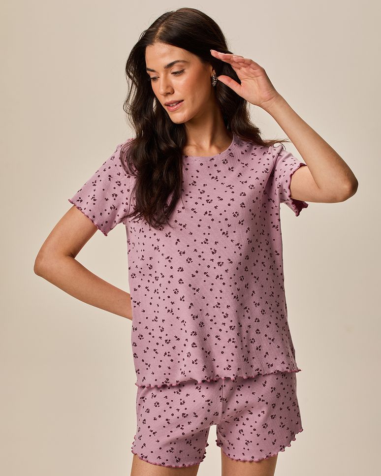 Pijama Curto Feminino Blusa E Shorts Runner Estampa Com Glitter Em Ribana