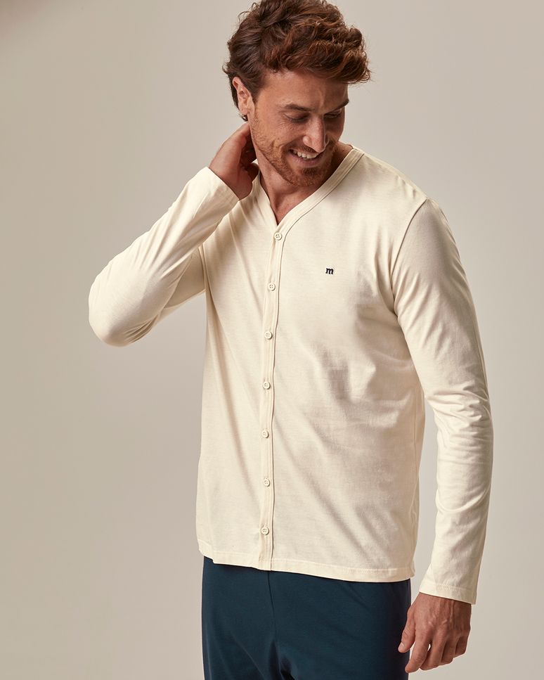 Pijama Longo Masculino Camisa Abotoamento Frontal Em Malha 100% Algodão