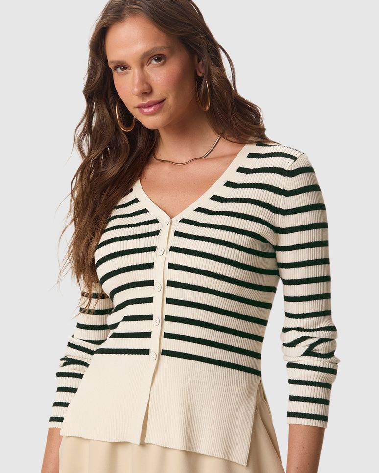 Cardigan Feminino Listrado Detalhe Fenda Lateral Em Tricô