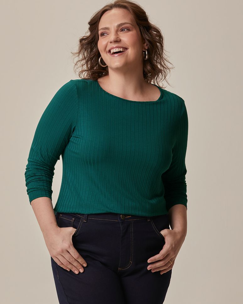 Blusa Básica Feminina Plus Size Manga Longa Em Canelado De Viscose