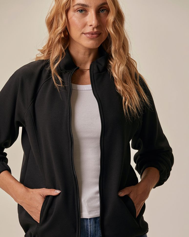 Jaqueta Feminina Bomber Gola Alta Barra Com Regulagem Em Malha Suedine Premium