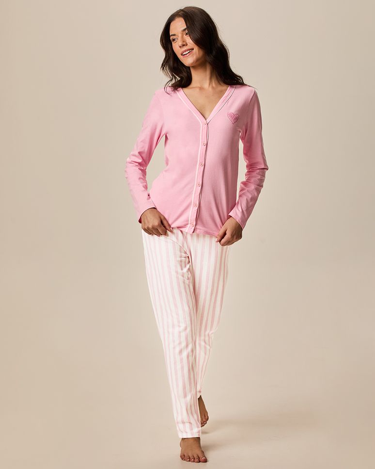 Pijama Longo Feminino Camiseta Abotoamento Frontal Em Malha 100% Algodão