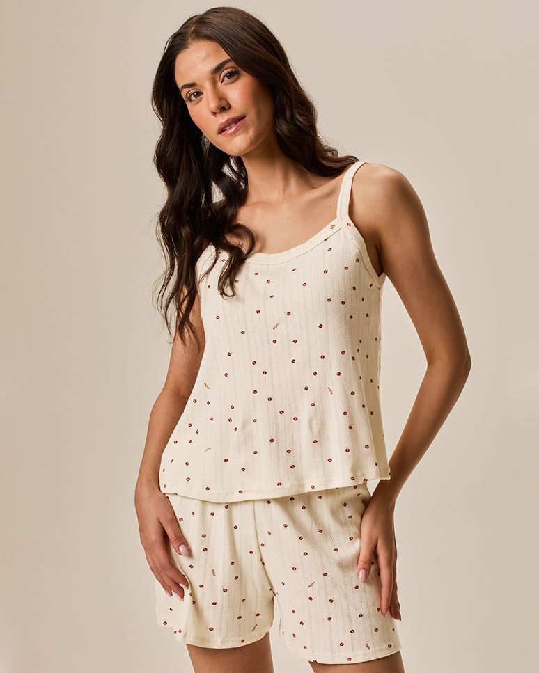 Pijama Curto Feminino Estampado Em Malha Jacquard Texturizada