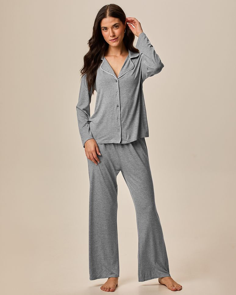 Pijama Longo Feminino Americano Blusa E Calça Em Viscose Stretch