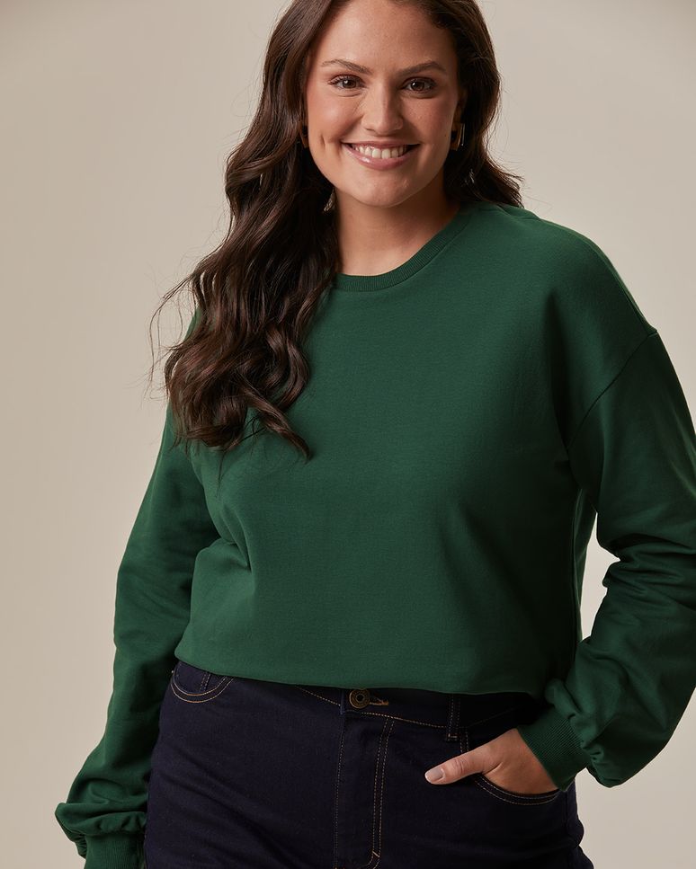 Blusão Básico Feminino Plus Size Decote Redondo Em Moletom Stretch Flanelado