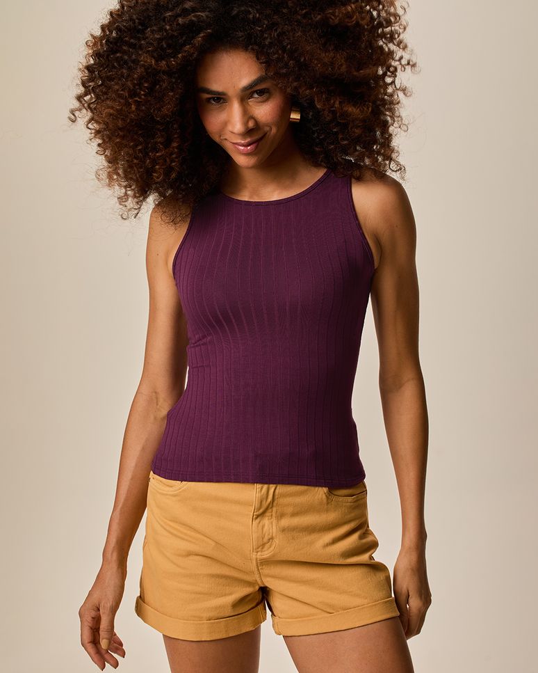 Regata Básica Feminina Decote Redondo Em Canelado De Viscose