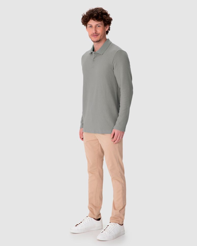 Camisa Polo Masculina Manga Longa Detalhe Aplique Em Malha Texturizada