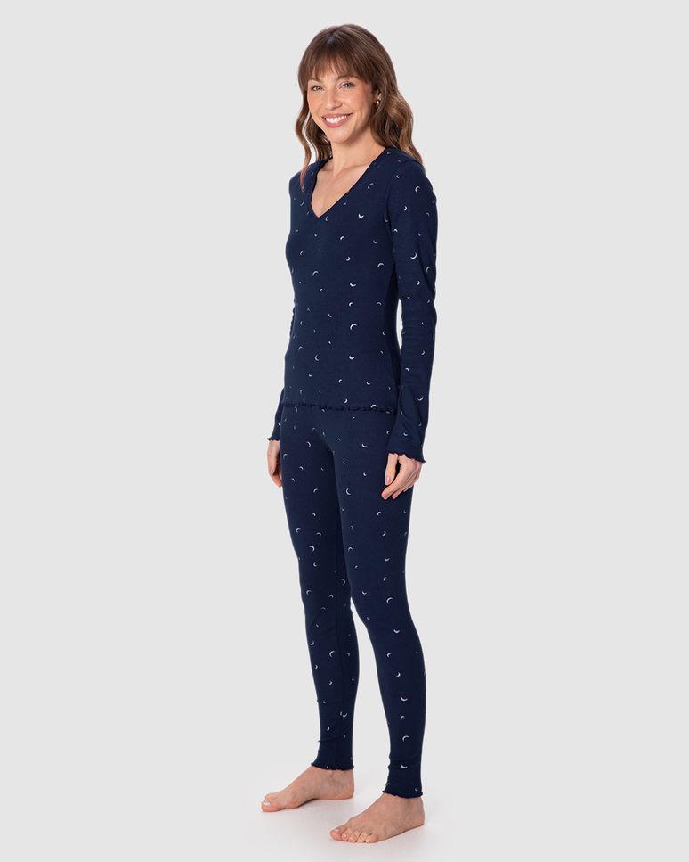 Pijama Longo Feminino Blusa E Calça Legging Estampa Com Glitter Em Ribana