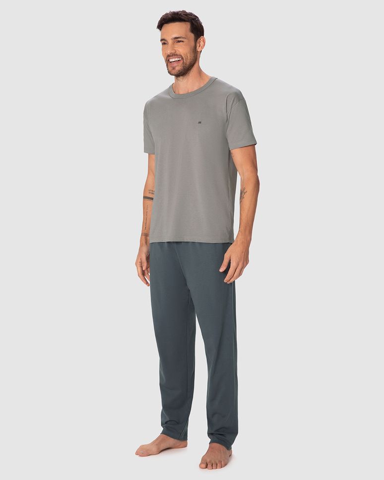 Pijama Longo Masculino Camiseta Manga Curta Em Malha 100% Algodão