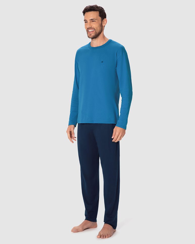 Pijama Longo Masculino Camiseta Manga Longa E Calça Em Algodão