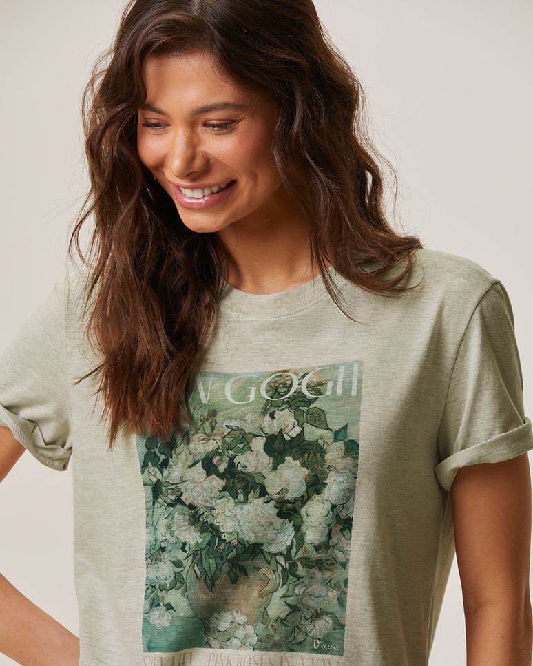 Camiseta Feminina Alongada Especial Van Gogh Vase With Roses Em Algodão