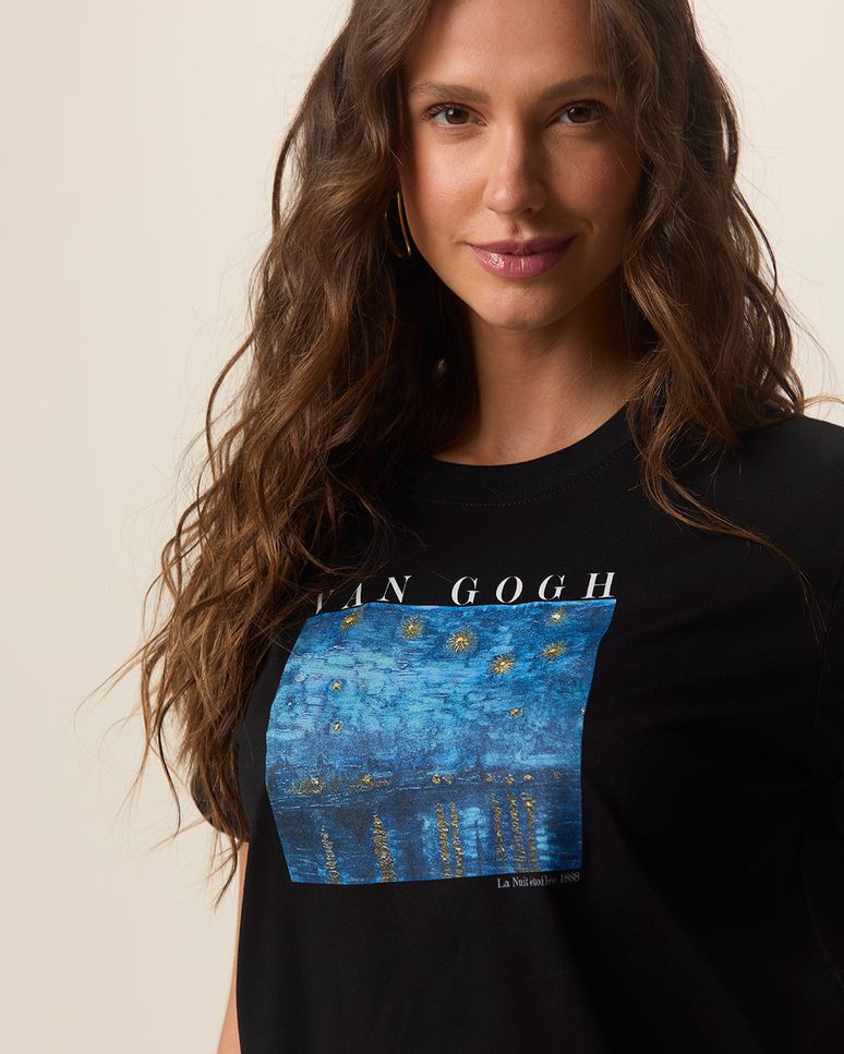 Camiseta Feminina Alongada Especial Van Gogh A Noite Estrelada Em Algodão