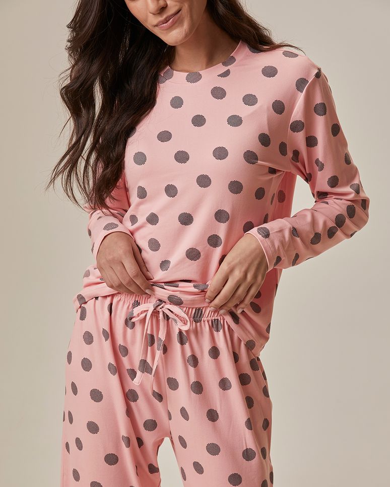 Pijama Longo Feminino Estampa Poá Em Tecido Peach Skin