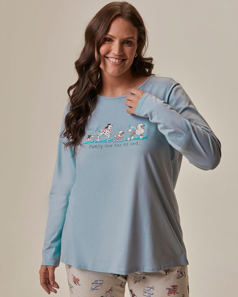 Pijama Longo Feminino Plus Size Family Love Has No End Em Malha Algodão