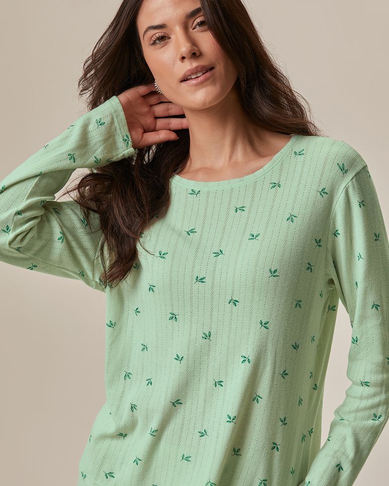 Pijama Longo Feminino Estampado Em Malha Jacquard Texturizada