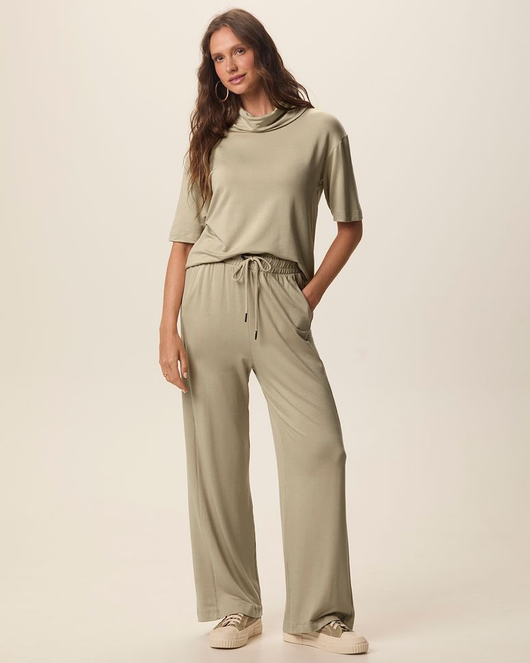 Conjunto Feminino Blusa Gola Alta E Calça Bolso Faca Em Moletinho De Viscose