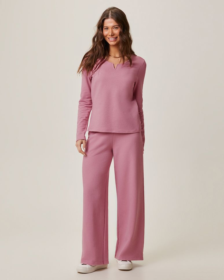 Blusa Feminina Decote Duplo V Manga Longa Em Moletom Linho