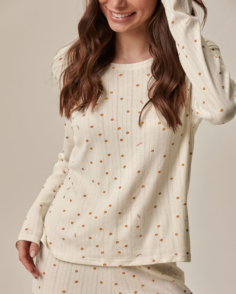 Pijama Longo Feminino Estampado Em Malha Jacquard Texturizada