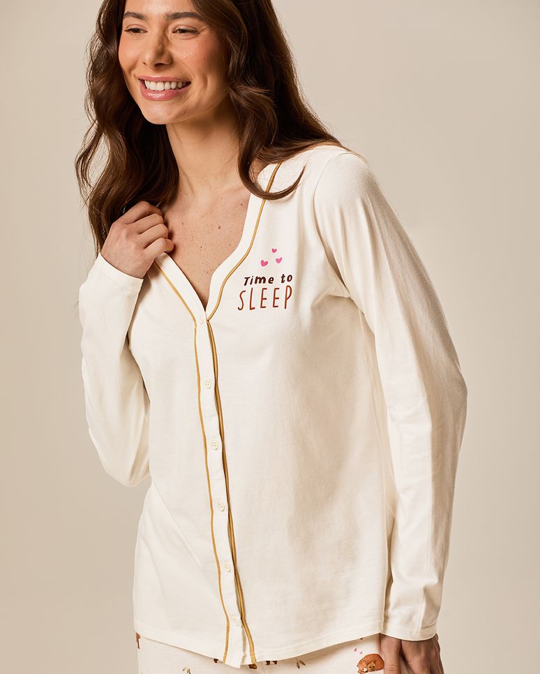 Pijama Longo Feminino Camiseta Abotoamento Frontal Em Malha 100% Algodão