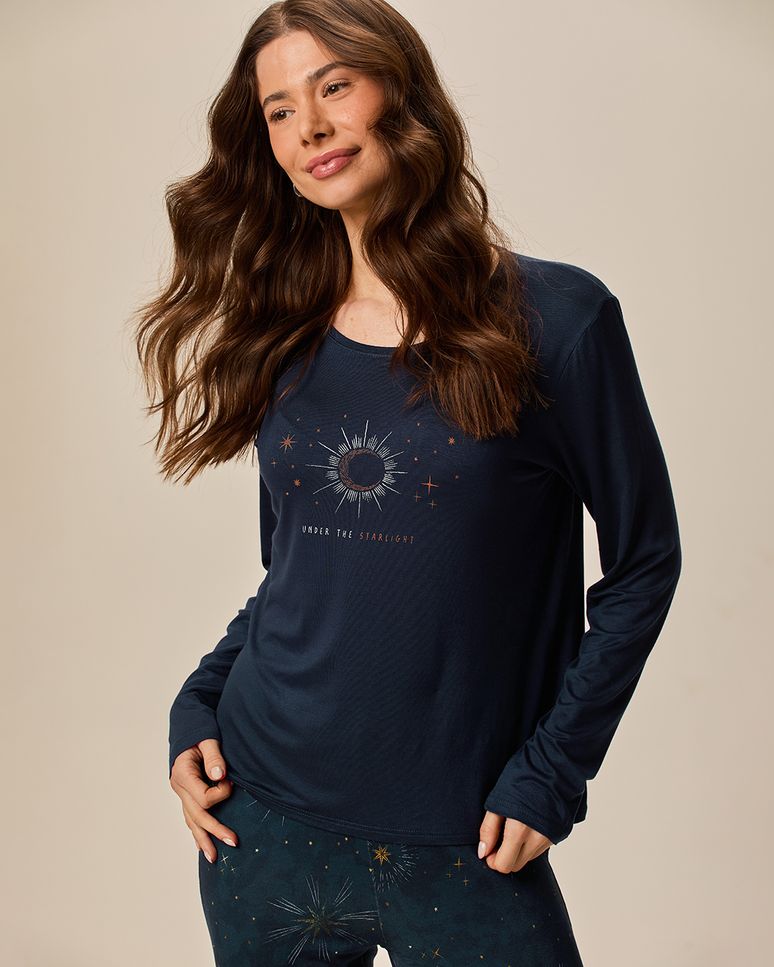 Pijama Longo Feminino Blusa Estampa Frontal E Calça Em Viscose Stretch
