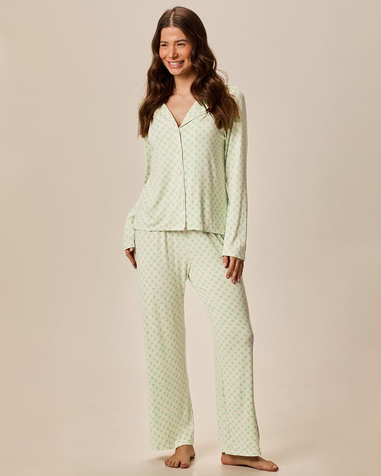 Pijama Longo Feminino Americano Estampa Xadrez em Viscose Stretch
