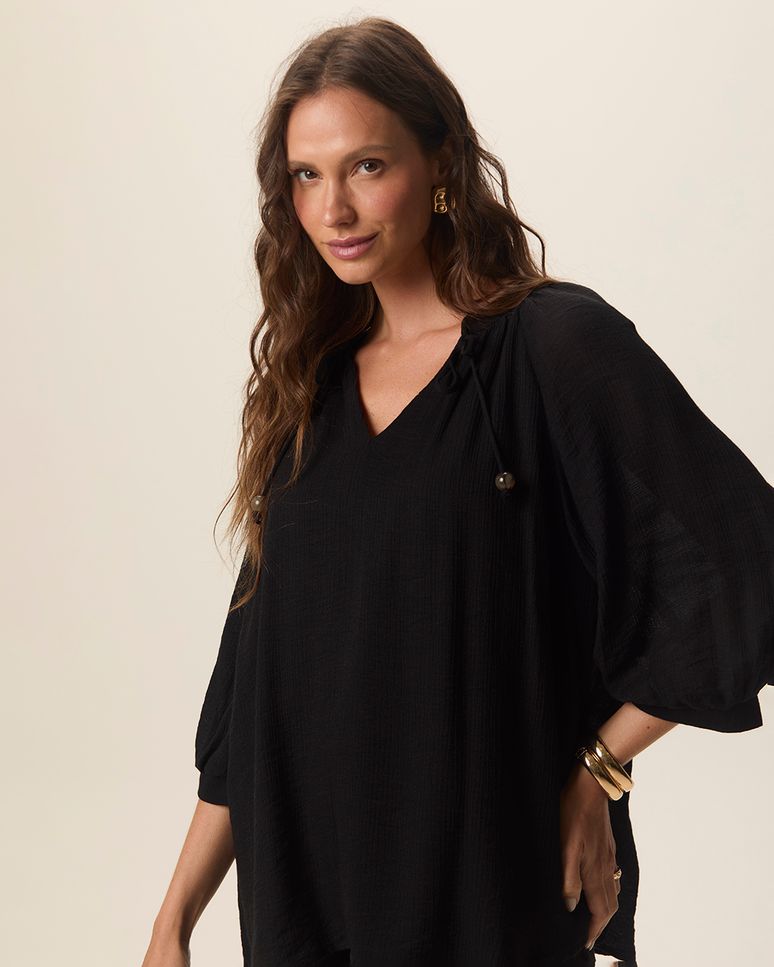 Blusa Bata Feminina Amarração No Decote Em Crepe Leve