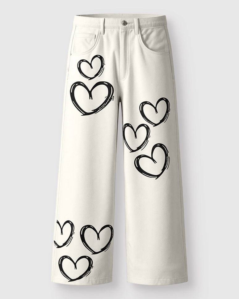 Calça Menina Wide Leg Estampa Coração Em Sarja Stretch - Carinhoso