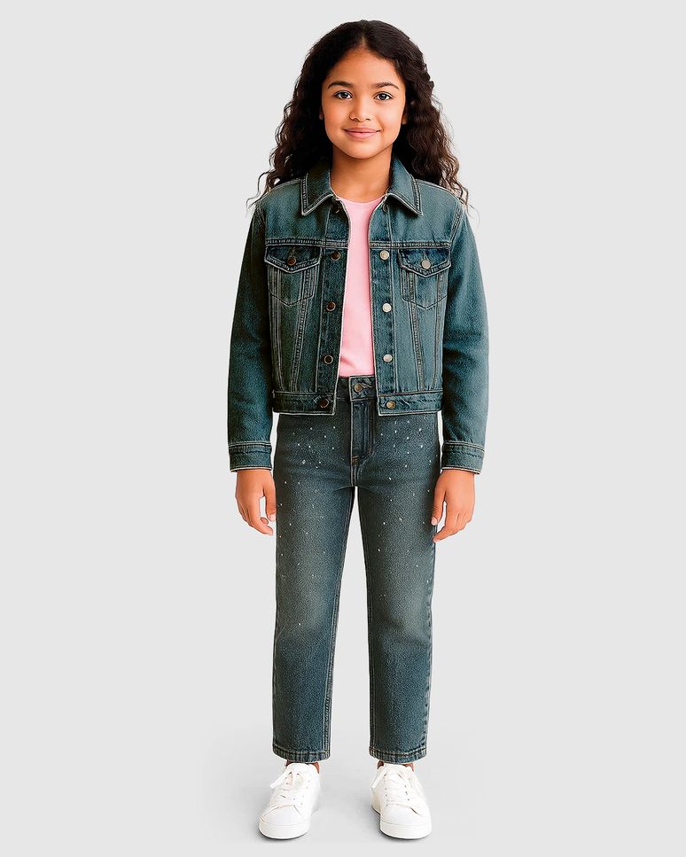 Jaqueta Menina Aplique Strass Nas Costas Em Jeans 100% Algodão - Carinhoso
