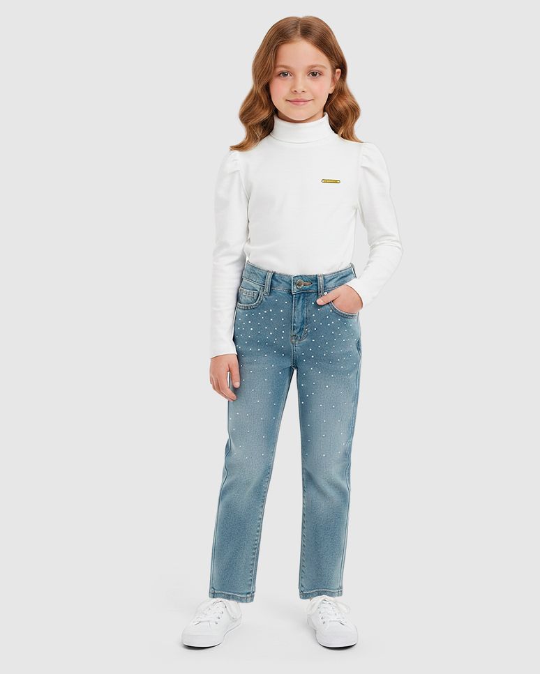 Calça Menina Reta Aplique Strass Em Jeans 100% Algodão - Carinhoso