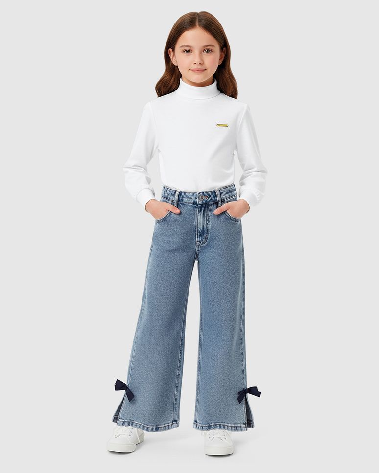 Calça Menina Wide Leg Fenda Detalhe Laço Em Jeans 100% Algodão - Carinhoso