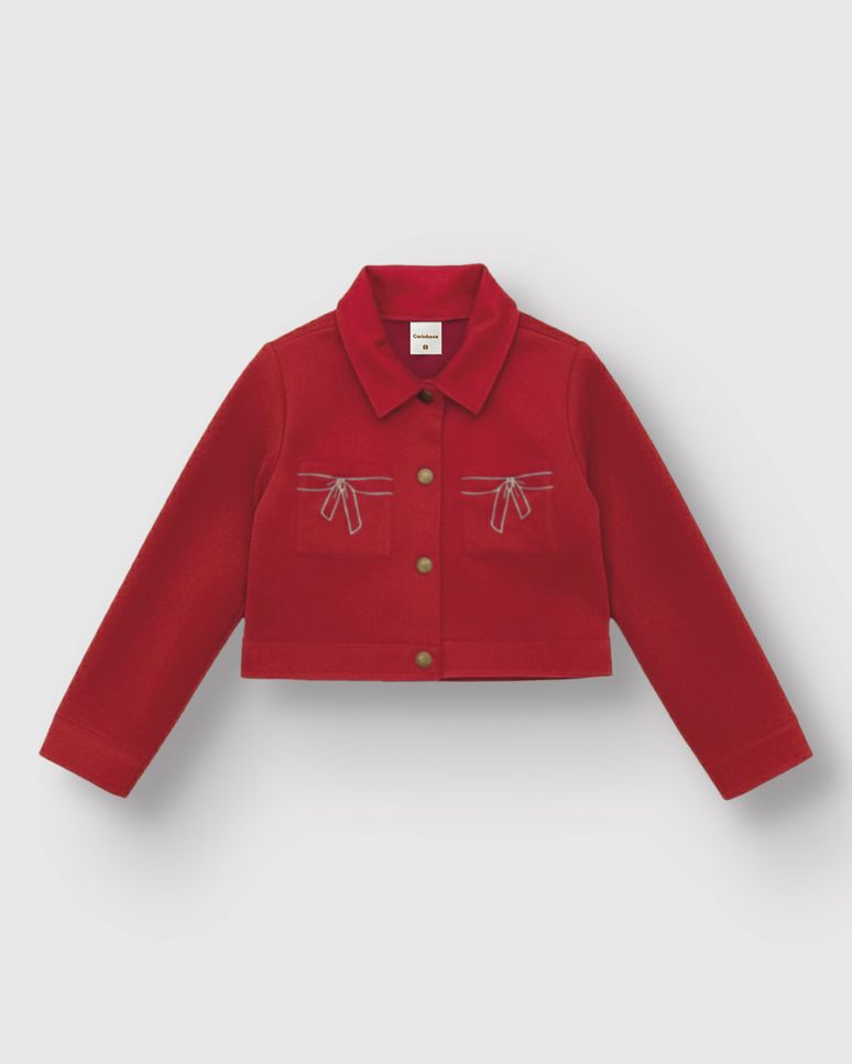 Jaqueta Menina Cropped Bordado Laço Em Tecido Suede - Carinhoso